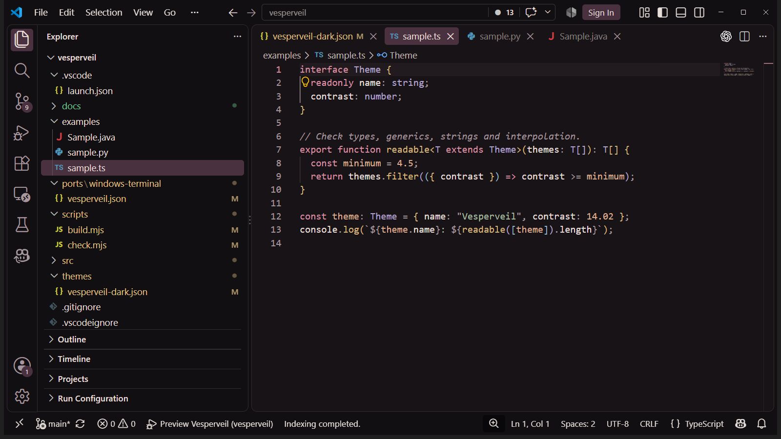 TypeScript — Vesperveil Dark in VS Code